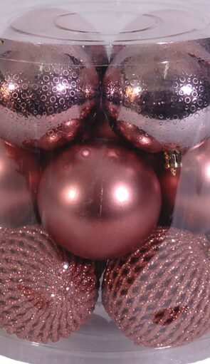 Ρόζ Χριστουγεννιάτικες Μπάλες 3 Χρώματα ,Σέτ 12 Τεμαχίων 8cm ,3 Σχέδια